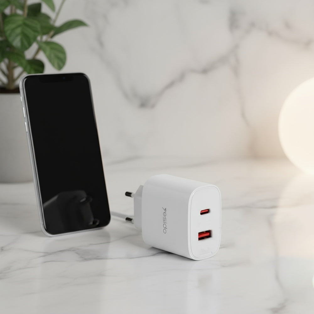 Caricabatterie Rete Yesido YC02E, 20W, 3A, 1 x USB-A - 1 x USB-C, Bianco