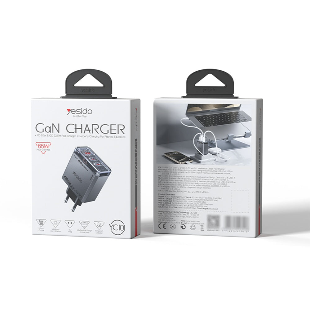Caricabatterie Rete Yesido YC101, 65W, 3.25A, 1 x USB-A - 2 x USB-C, Nero