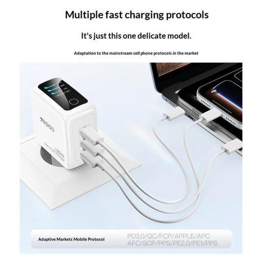 Caricatore da rete Yesido YC114 Display, 140W, 5A, 1 x USB-A - 2 x USB-C, Bianco