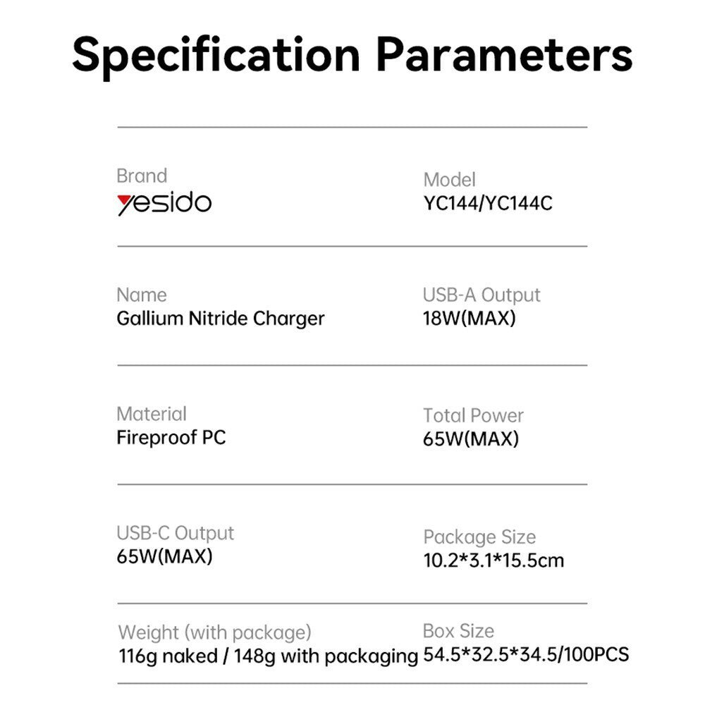 Caricabatterie Rete Yesido YC144, 65W, 3.25A, 1 x USB-A - 2 x USB-C, Nero