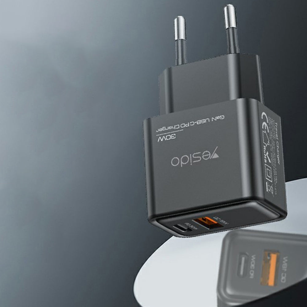 Caricabatterie Rete Yesido YC64, 30W, 3A, 1 x USB-A - 1 x USB-C, Nero