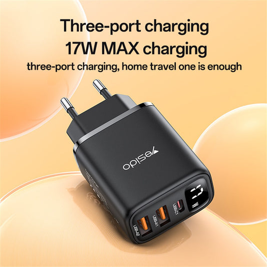 Caricabatterie Rete Yesido YC67 Display, 17W, 2.4A, 2 x USB-A - 1 x USB-C, Nero