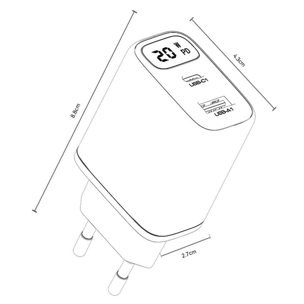 Caricabatterie Rete Yesido YC68, Display 20W, 3A, 1 x USB-A - 1 x USB-C, Nero
