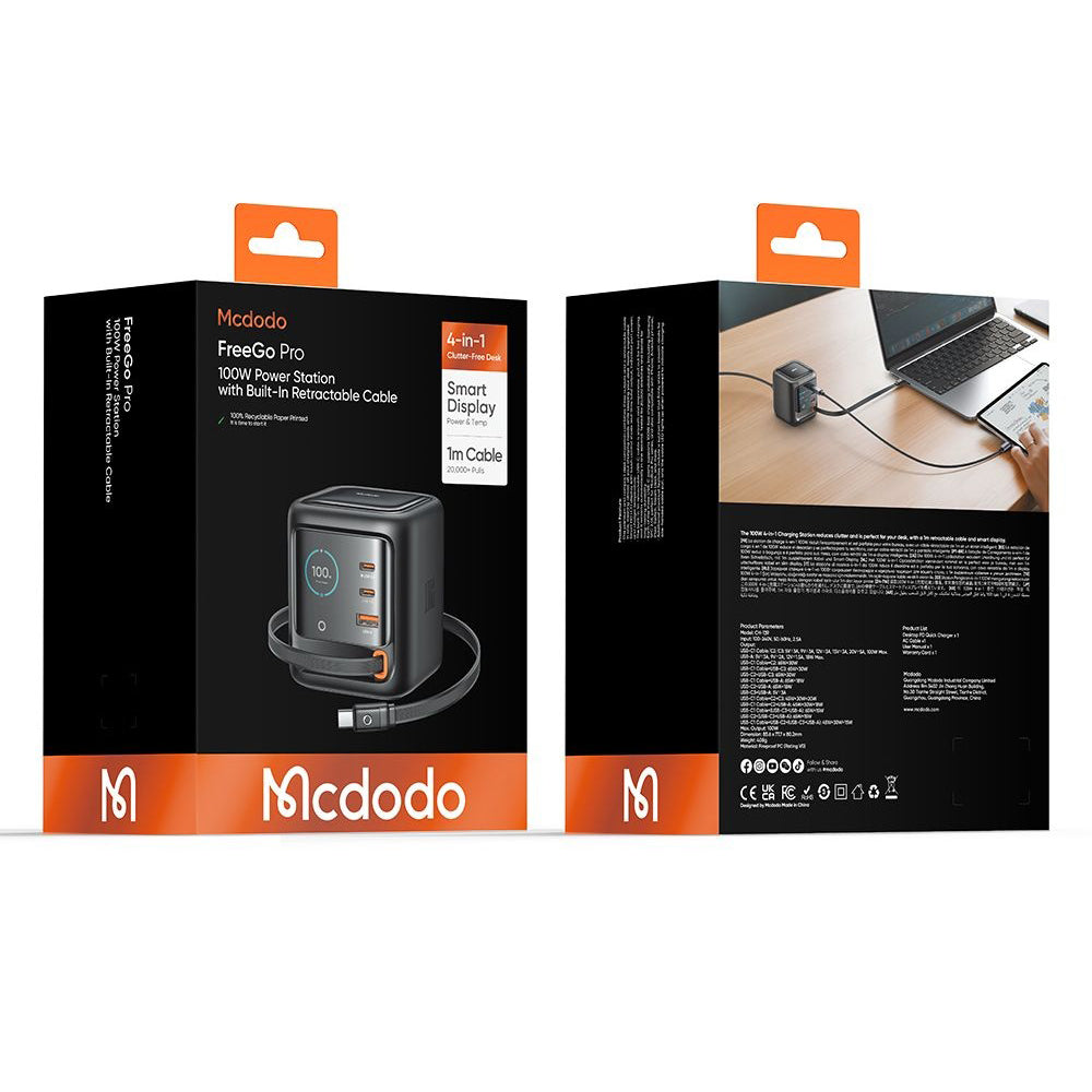 Caricatore Stazione Con Cavo USB-C Mcdodo FreeGo CH-1391 Display, 100W, 5A, 1 x USB-A - 2 x USB-C, Nero