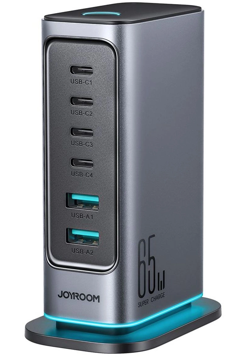 Caricatore Stazione Joyroom JR-TCM02 UK, 65W, 3.25A, 2 x USB-A - 4 x USB-C, Grigio