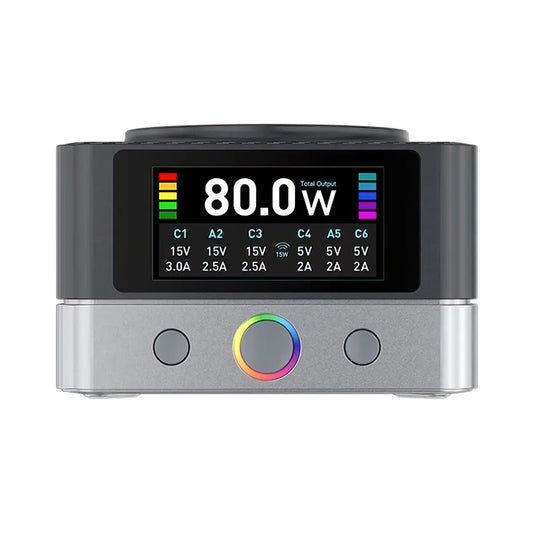 Caricabatterie Stazione Relife Q7 QI, 80W, 3.25A, 2 x USB-A - 4 x USB-C, Grigio