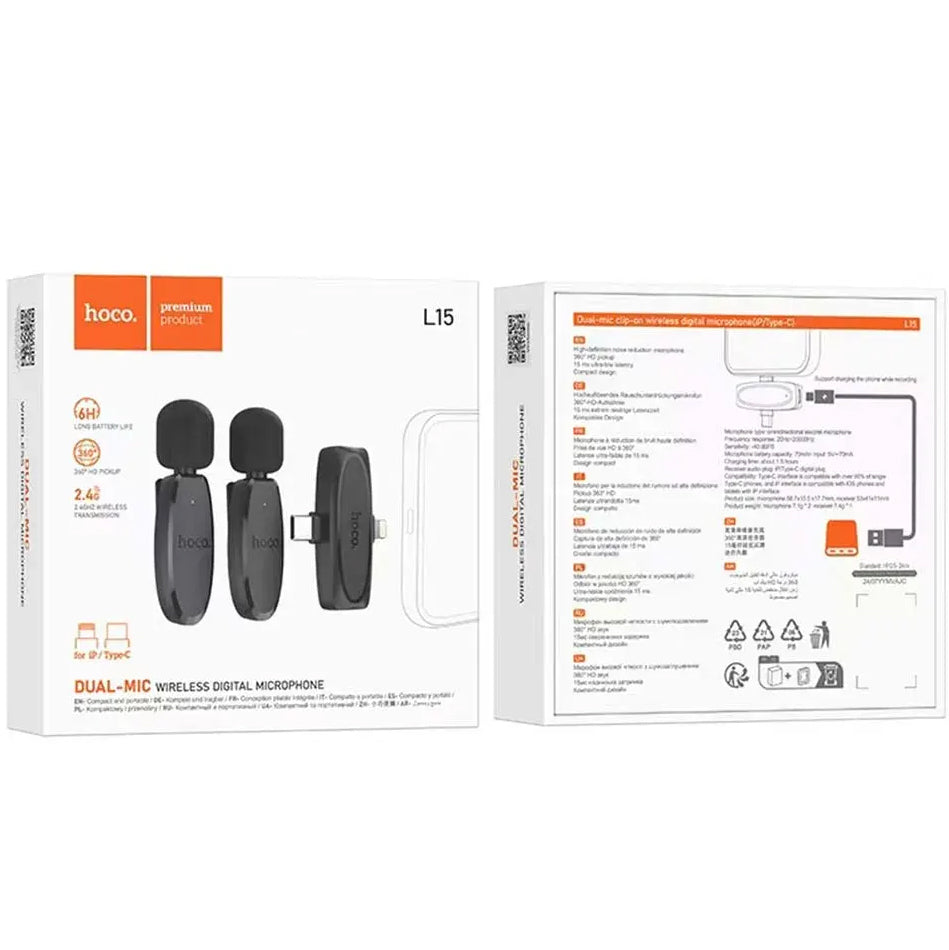 Lavaliera HOCO L15, USB-C / Lightning, Set 2 pezzi, Nera