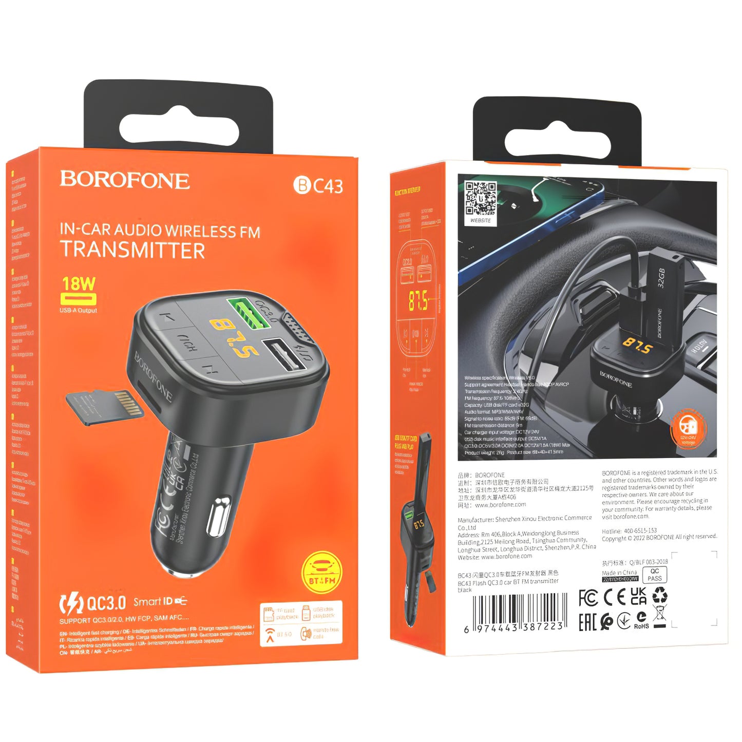 Modulatore FM Bluetooth Borofone BC43 Flash, 2 x USB-A - 1 x microSD