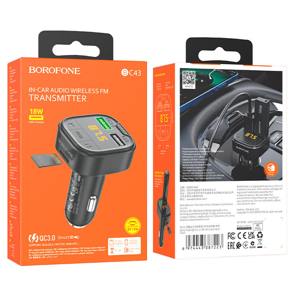 Modulatore FM Bluetooth Borofone BC43 Flash, 2 x USB-A - 1 x microSD