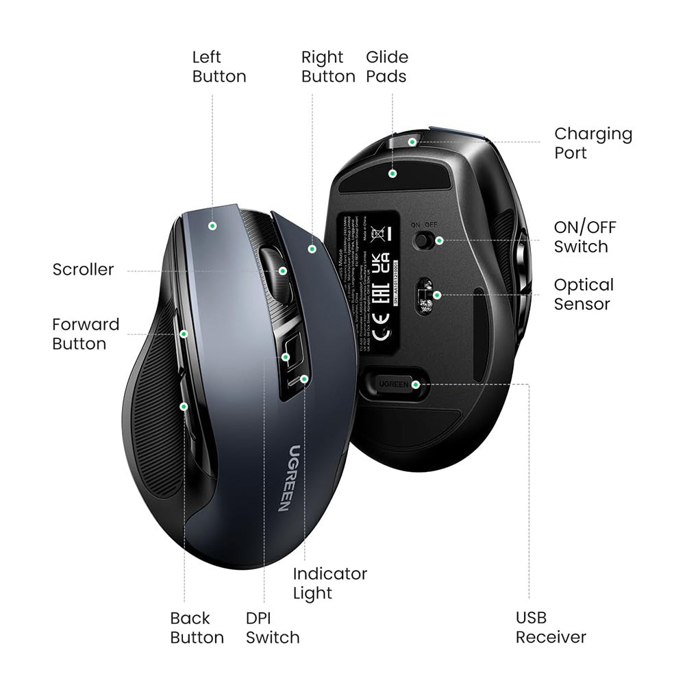 Mouse Wireless UGREEN MU006S (85082), 4000DPI, BT / Wi-Fi, Grigio