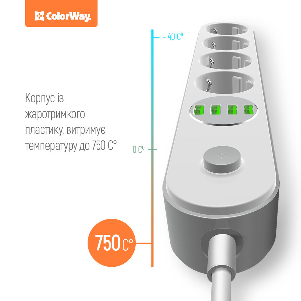 Prolunga ColorWay, 4 x Schuko - 4 x USB-A, Bianco