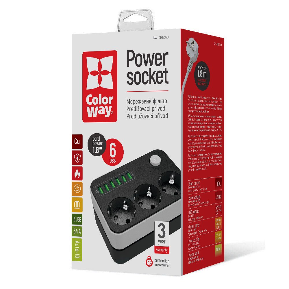 Prolunga ColorWay, 3 x Schuko - 6 x USB-A, Nero
