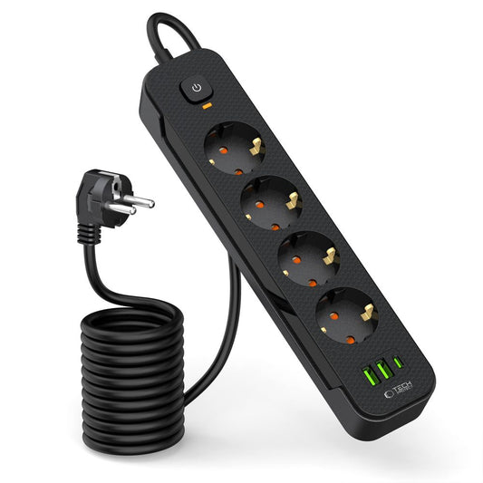 Caricabatterie di rete Tech-Protect PCL4X3, 2 x USB-A - 1 x USB-C - 4 x Schuko, nero