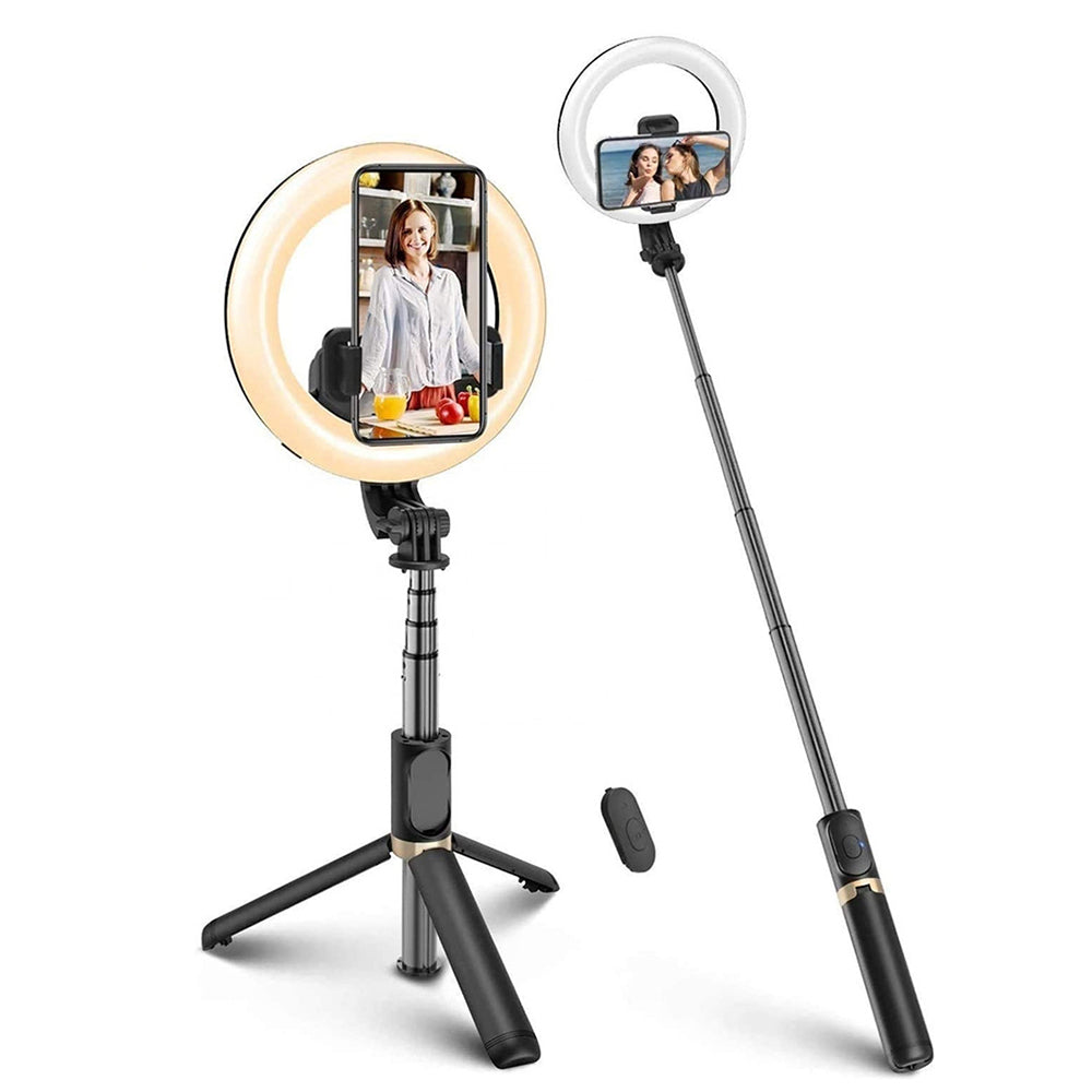 Selfie Stick Bluetooth Techsuit Q07 Ring Light, Universale, Nero