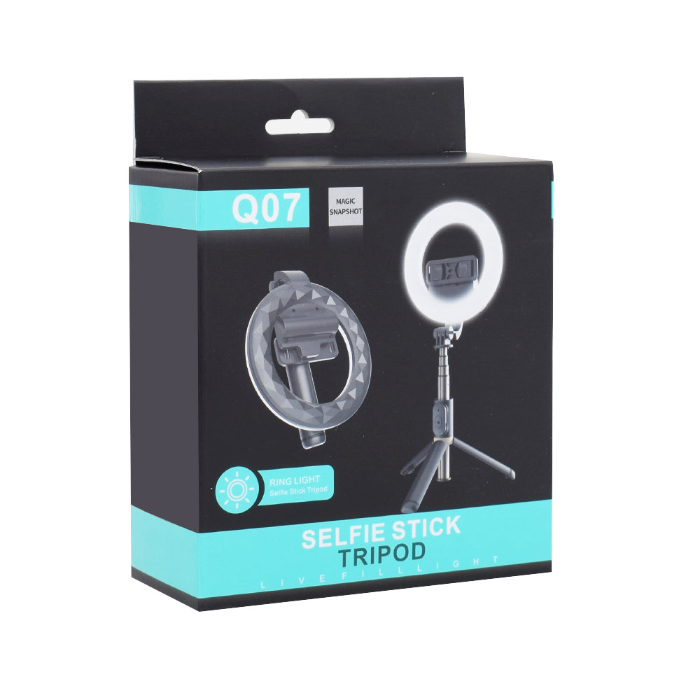 Selfie Stick Bluetooth Techsuit Q07 Ring Light, Universale, Nero