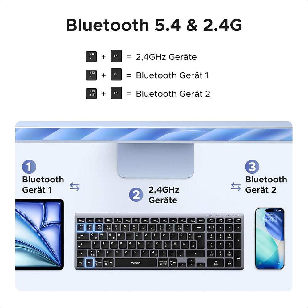 Tastiera Wireless UGREEN K552 (75163), BT / Wi-Fi, Nera
