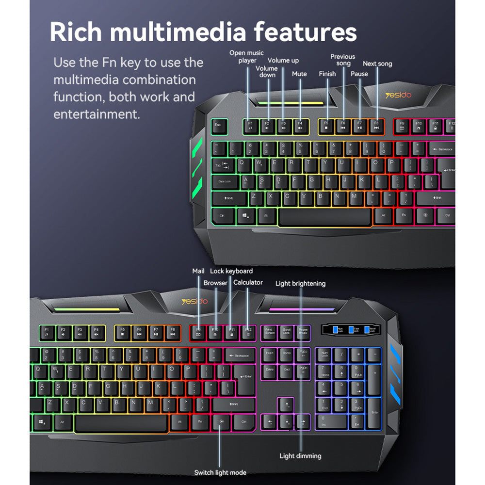 Tastiera Gaming Wired USB Yesido KB21, RGB, 1,5m, Nera