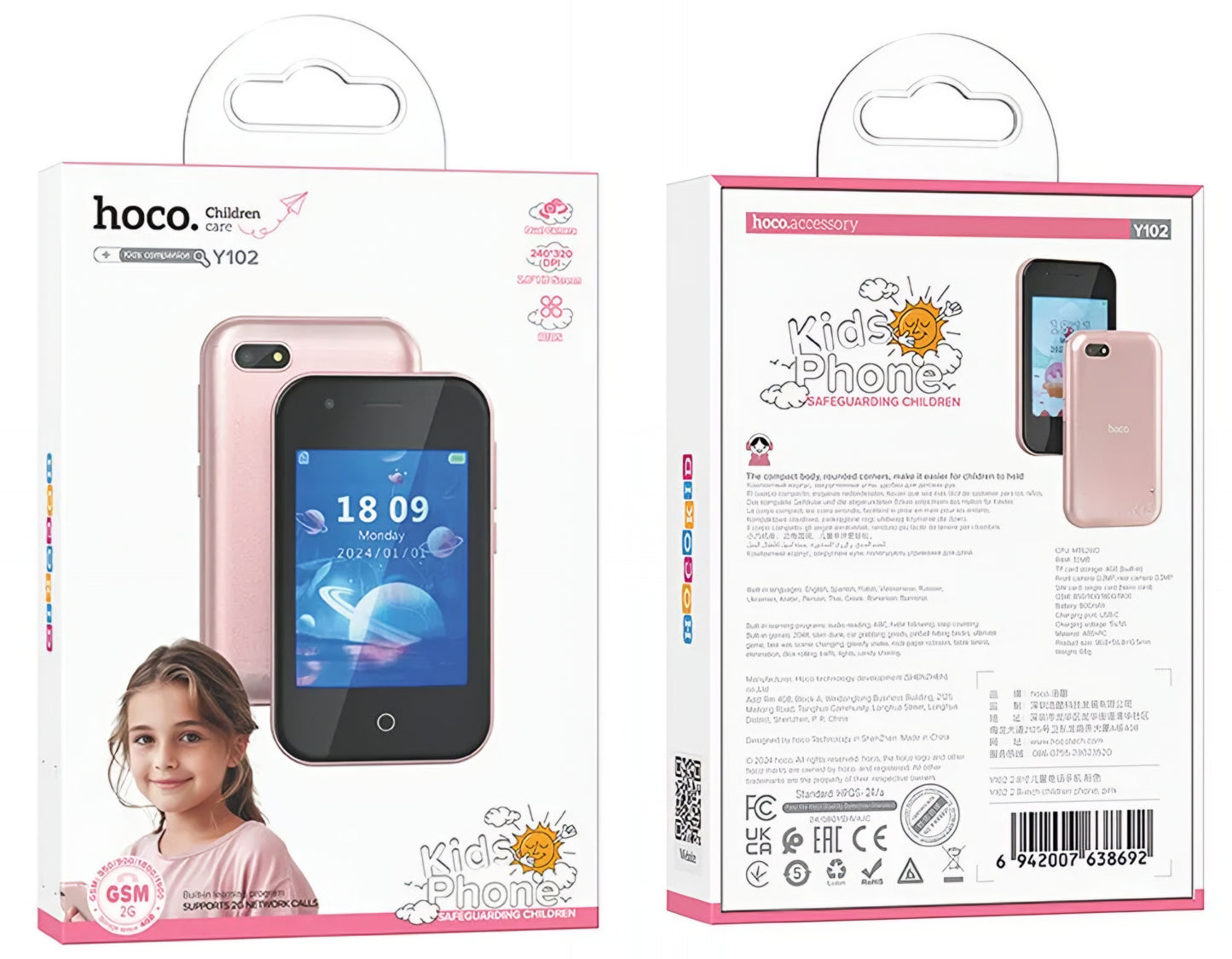 Telefono Cellulare HOCO Y102 Kids, 2G, Display 2.8 pollici, Rosa