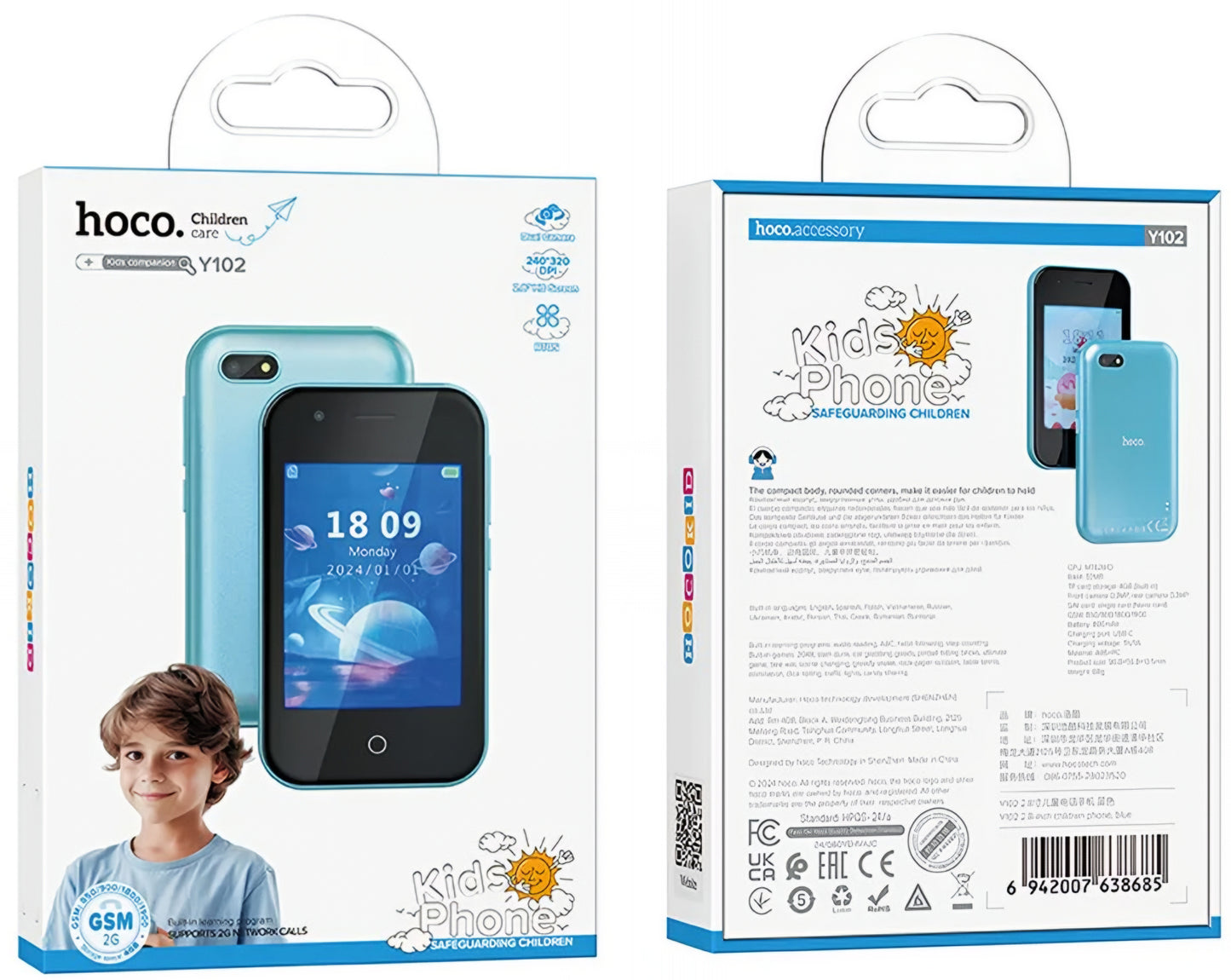 Telefono Cellulare HOCO Y102 Kids, 2G, Display 2.8 pollici, Blu