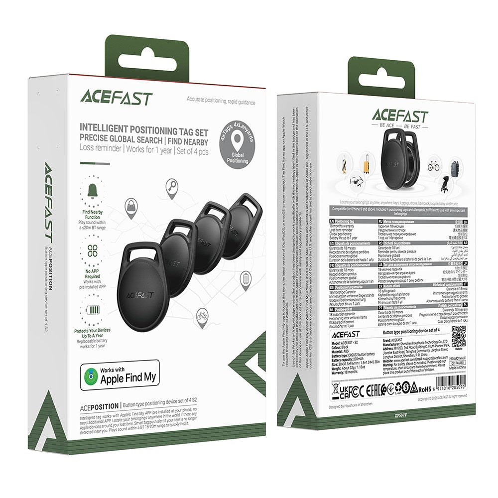 Acefast SmartTag S2 per serie iOS, Set 4 pezzi, Nero