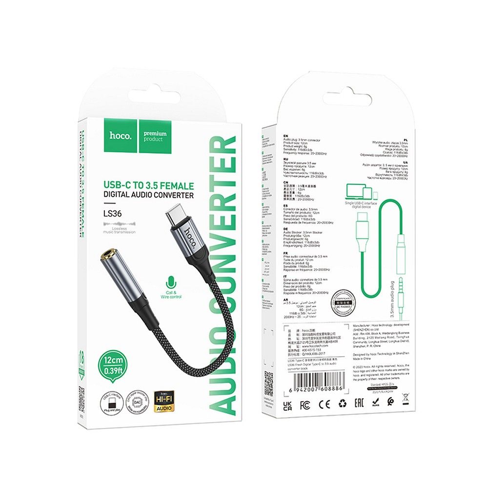 Adattatore Audio USB-C - 3.5mm HOCO LS36, Grigio