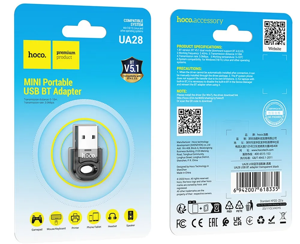 Adattatore Bluetooth USB HOCO UA28, Nero