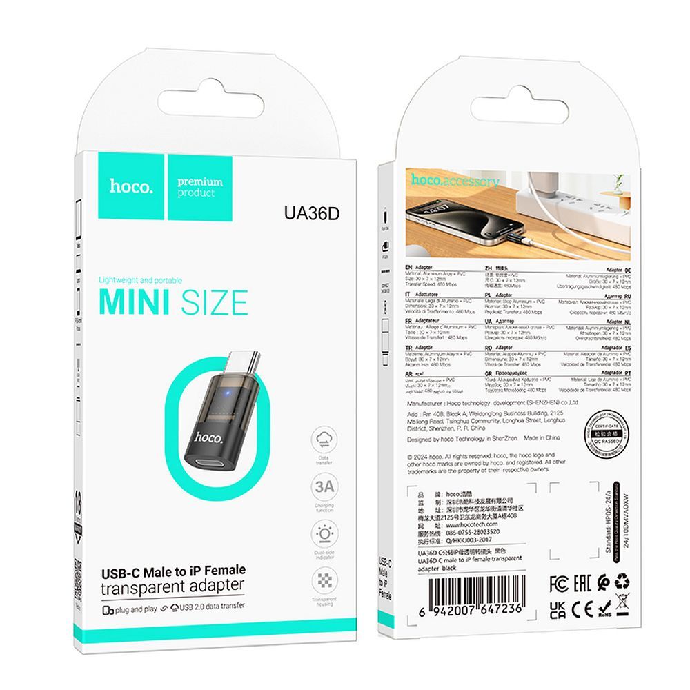 Adattatore Dati e Ricarica Lightning - USB-C HOCO UA36D, Nero
