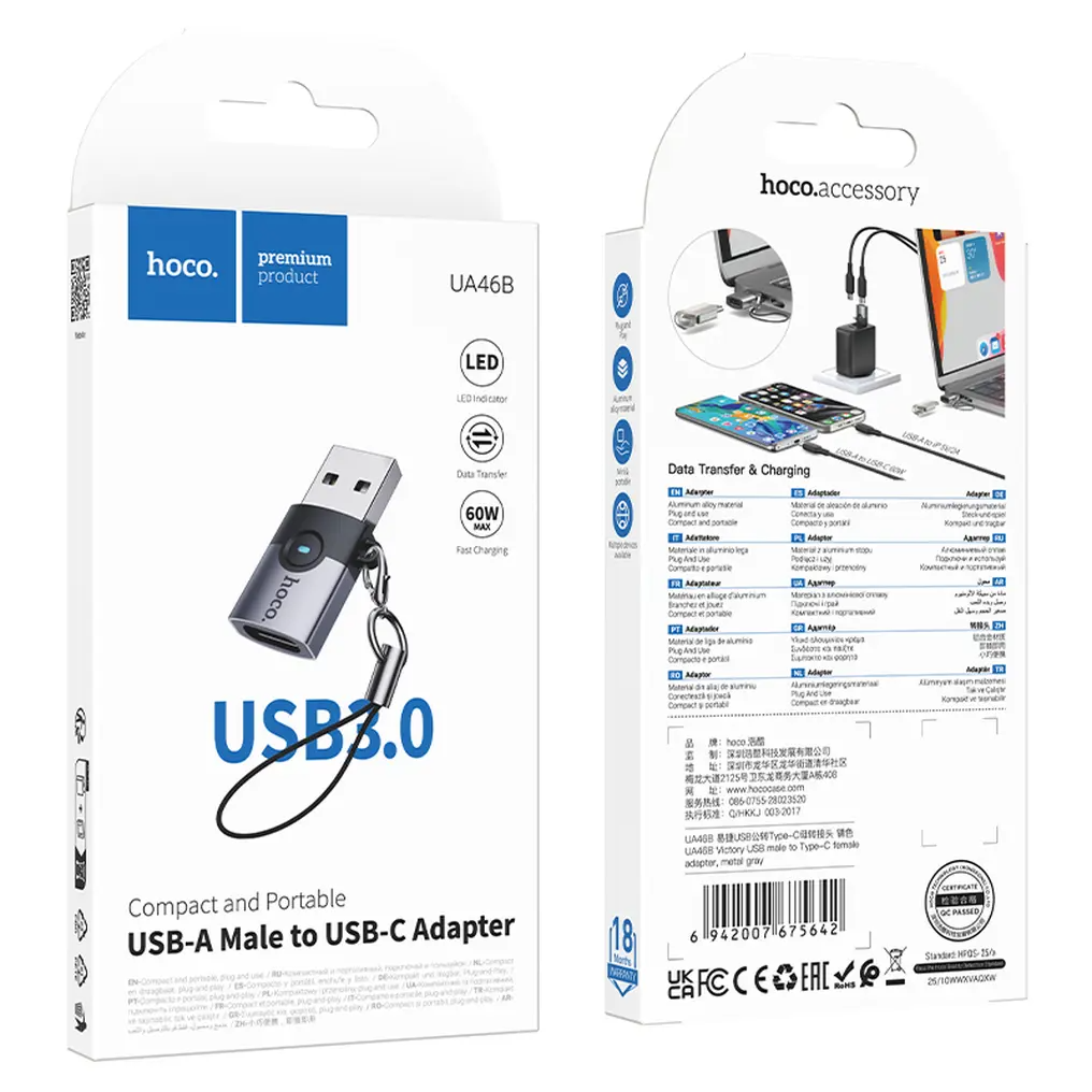 Adattatore Dati e Ricarica USB-C - USB-A HOCO UA46B, Grigio