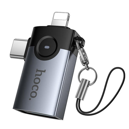 Adattatore OTG Lightning / USB-C - USB-A HOCO UA46D, Grigio