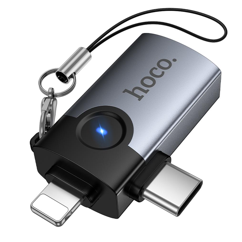 Adattatore OTG Lightning / USB-C - USB-A HOCO UA46D, Grigio