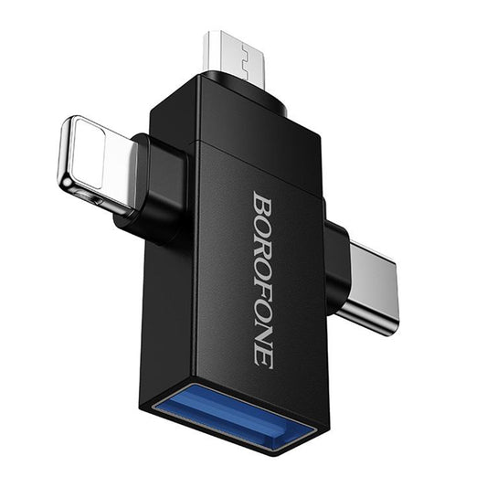 Adattatore OTG Lightning / microUSB / USB-C - USB-A Borofone BV26D, Nero