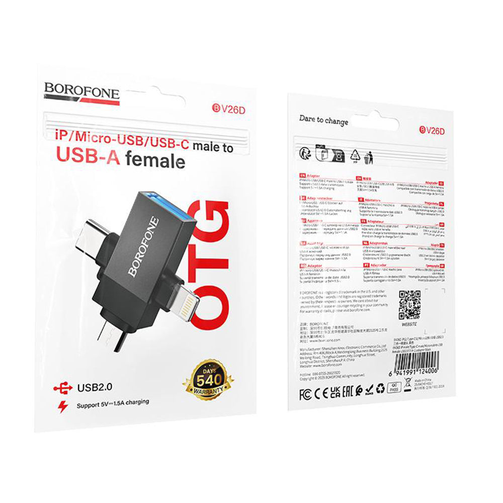 OTG Adapter Lightning / microUSB / USB-C - USB-A Borofone BV26D, Black