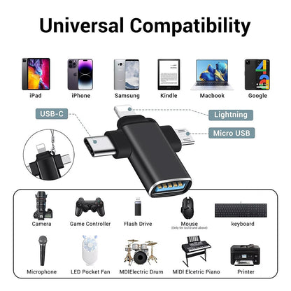 Adattatore OTG Lightning / microUSB / USB-C - USB-A Techsuit A17 SoundVoltX, Nero