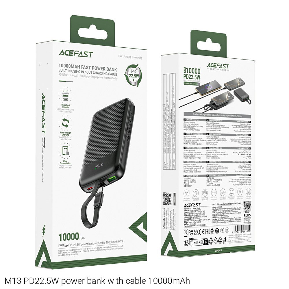 Batteria Esterna Acefast M13, 10000mAh, 22.5W, QC + PD, 1 x USB-A - 2 x USB-C, Nera