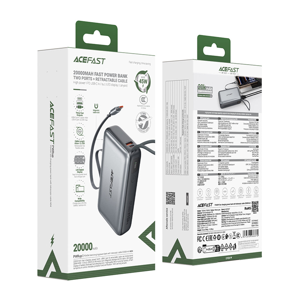 Batteria Esterna Acefast M34, 20000mAh, 45W, QC + PD, 1 x USB-A - 2 x USB-C, Grigio