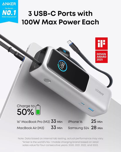 Batteria Esterna Anker, 25000mAh, 165W, QC + PD, 1 x USB-A - 3 x USB-C, Argento A1695H41