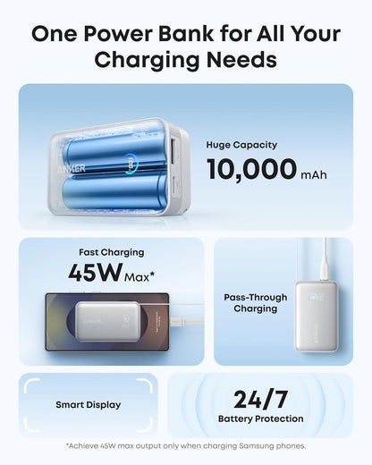 Batteria Esterna Anker Nano, 10000mAh, 45W, QC + PD, 1 x USB-A - 1 x USB-C, Bianca A1638H21