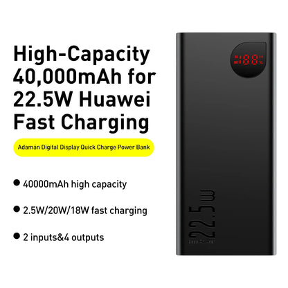 Batteria Esterna Baseus Adaman, 40000mAh, 22.5W, QC + PD, 1 x USB-C - 3 x USB-A, Nera