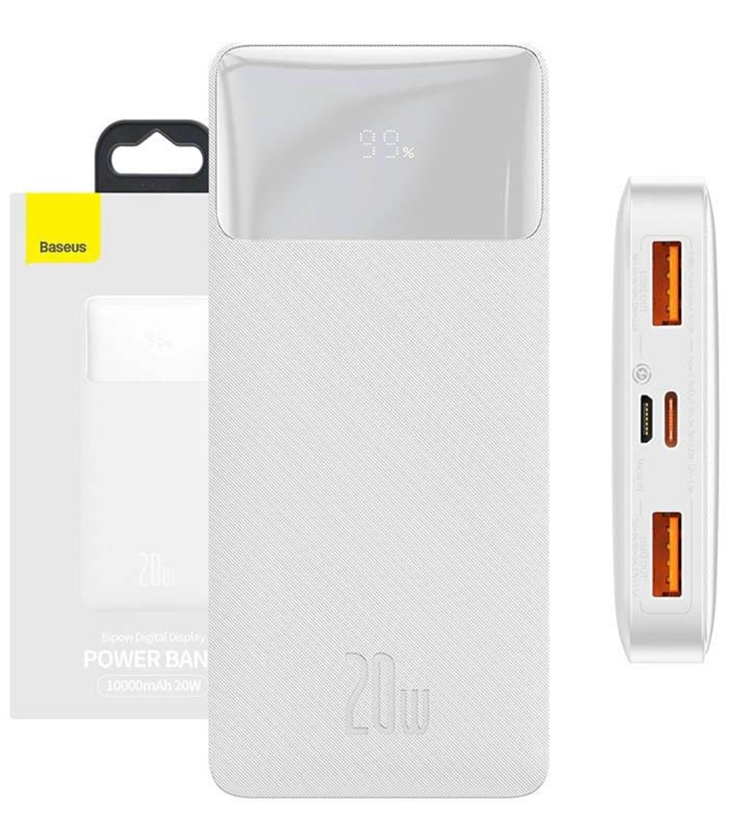 Batteria Esterna Baseus Bipow, 10000mAh, 20W, QC + PD, 1 x USB-C - 2 x USB-A, Bianca PPBD050502