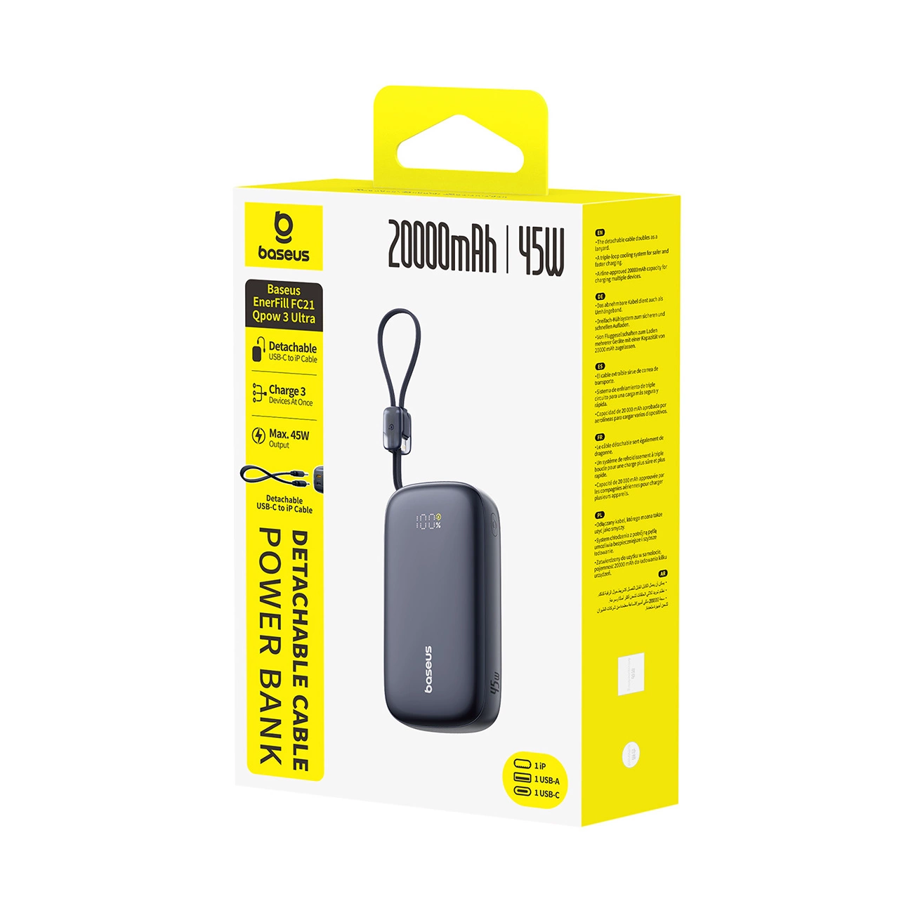 Baseus EnerFill FC21 QPow 3 Ultra External Battery, 20000mAh, 45W, QC + PD, 1 x USB-A - 1 x USB-C, Black E0027P00