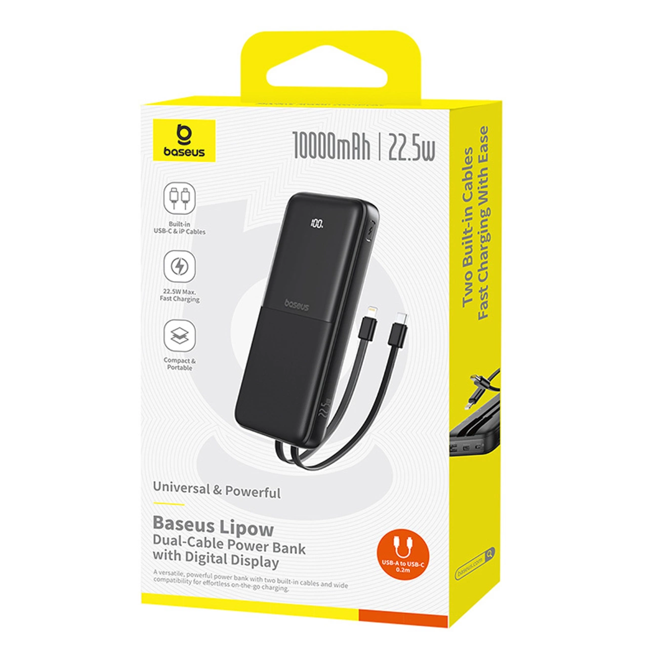Batteria Esterna Baseus Lipow, 10000mAh, 22.5W, QC + PD, 1 x Lightning - 1 x USB-A - 2 x USB-C, Nera P10079101123-00