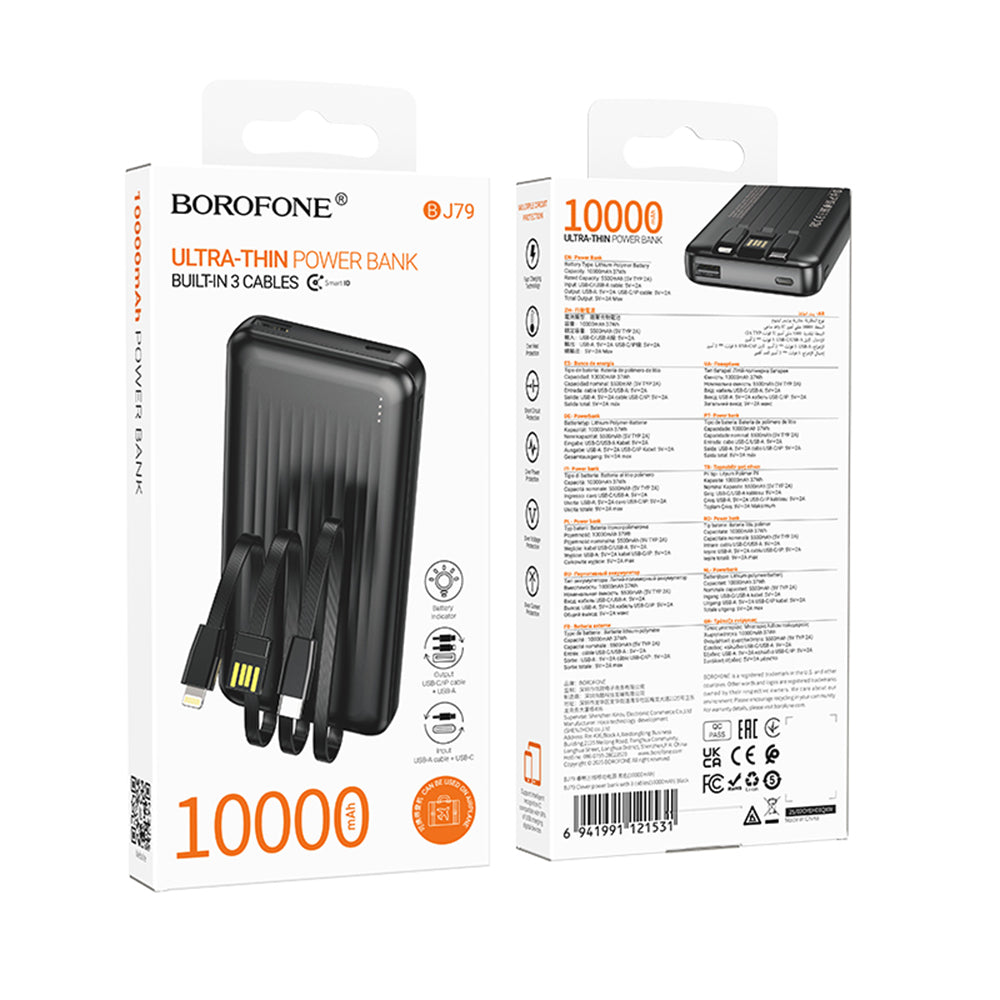Batteria Esterna Borofone BJ79 Clever, 10000mAh, 10W, 1 x Lightning - 1 x USB-A - 1 x USB-C, Nera