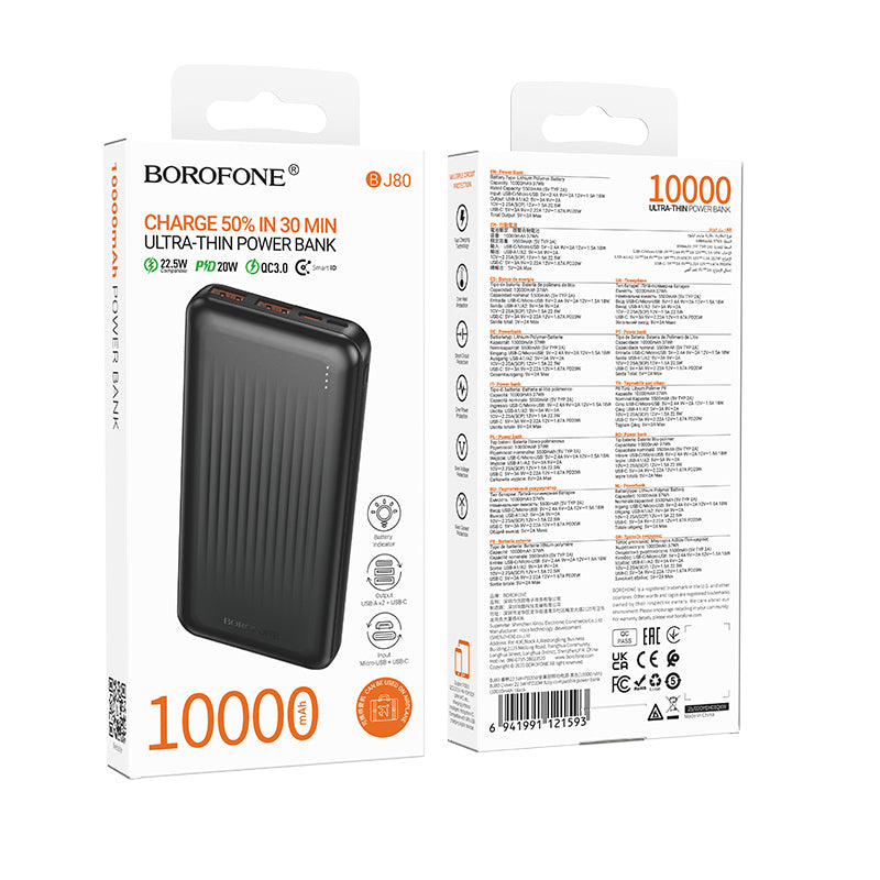 Batteria Esterna Borofone BJ80A Clever, 10000mAh, 22.5W, QC + PD, 1 x USB-C - 2 x USB-A, Nera