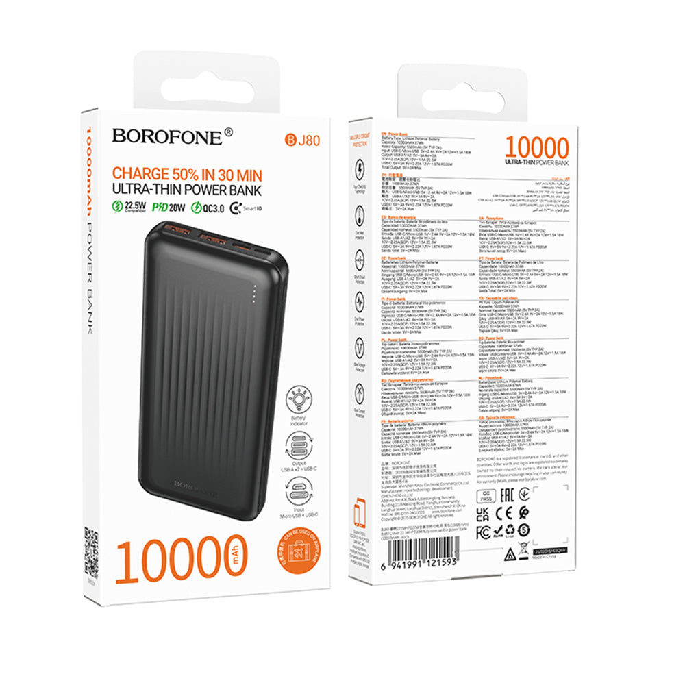 Batteria Esterna Borofone BJ80A Clever, 10000mAh, 22.5W, QC + PD, 1 x USB-C - 2 x USB-A, Nera
