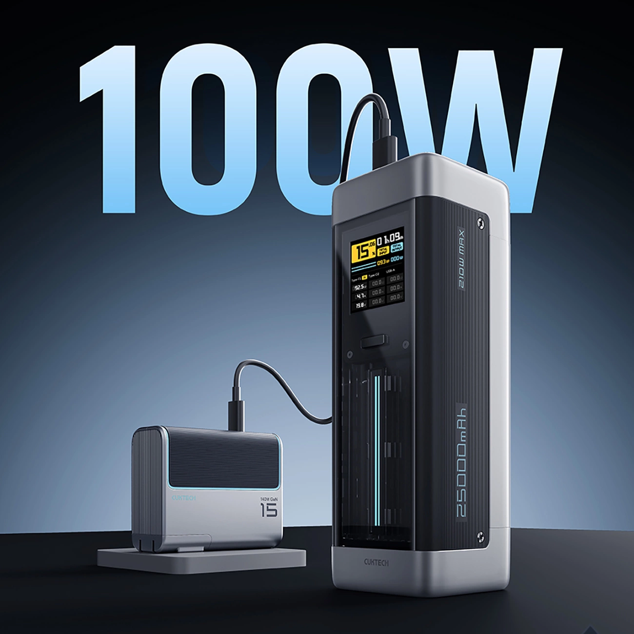 Batteria Esterna Cuktech, 25000mAh, 210W, QC + PD, 1 x USB-A - 2 x USB-C, Nera CUK00P23GLBK