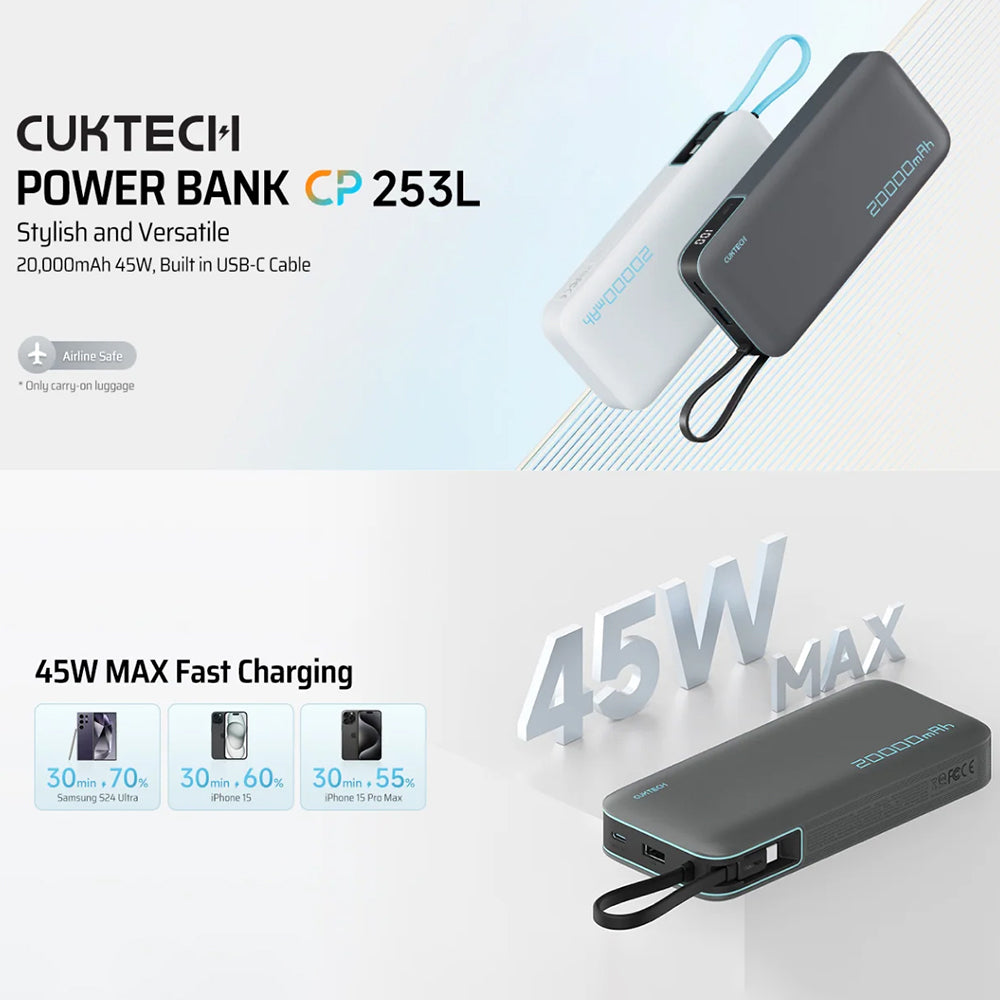 Cuktech LPB200N External Battery, 20000mAh, 45W, QC + PD, 1 x USB-A - 2 x USB-C, White CUKP200NGLLG