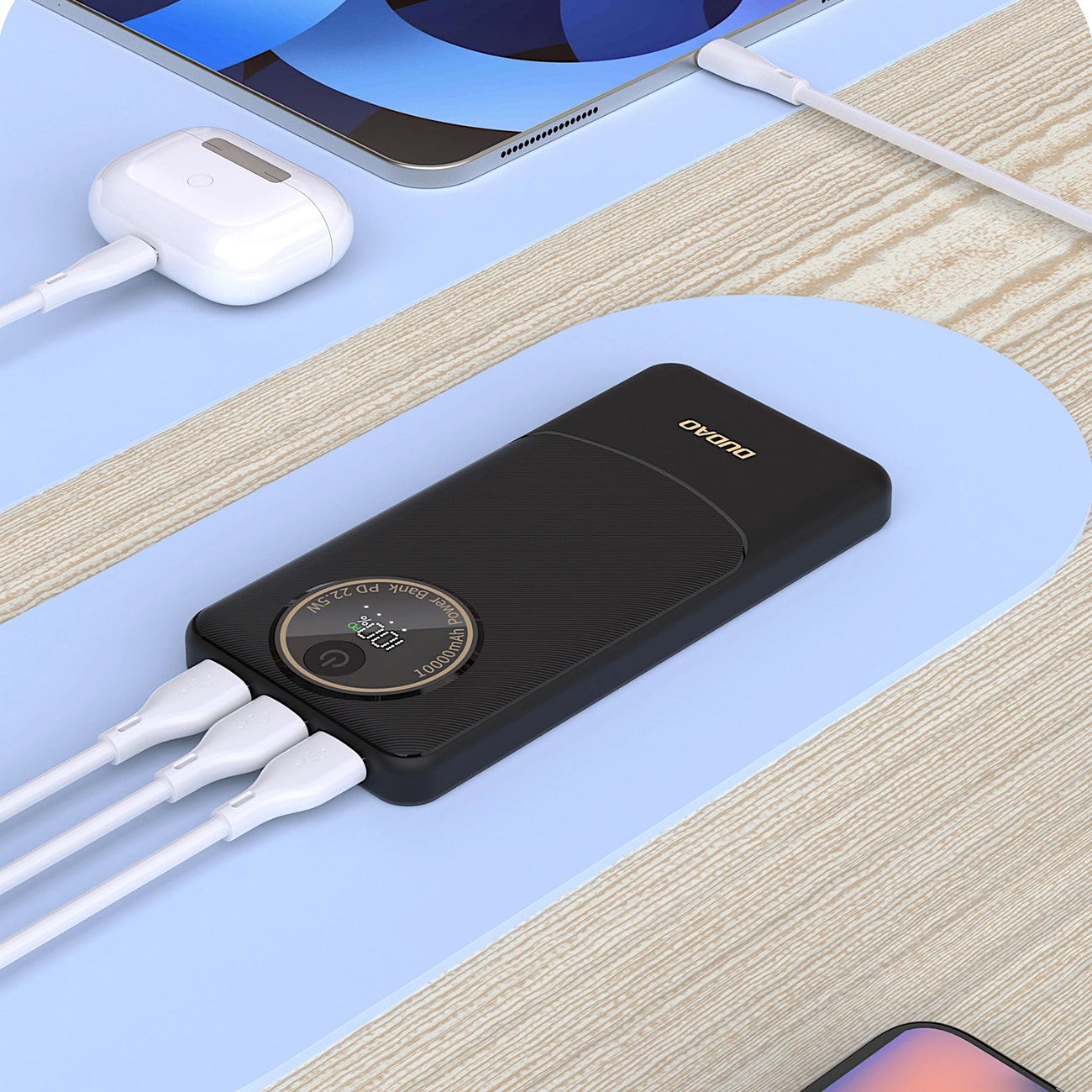 Dudao K12 External Battery, 10000mAh, 22.5W, QC + PD, 1 x USB-C - 2 x USB-A, Black