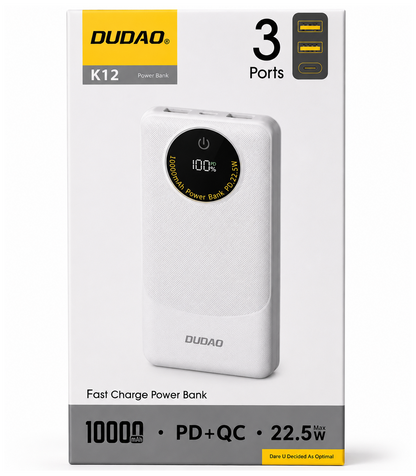 Batteria Esterna Dudao K12, 10000mAh, 22.5W, QC + PD, 1 x USB-C - 2 x USB-A, Bianca