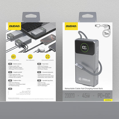 Batteria Esterna Dudao K31 Pro, 20000mAh, 45W, QC + PD, 1 x USB-A - 2 x USB-C, Grigio