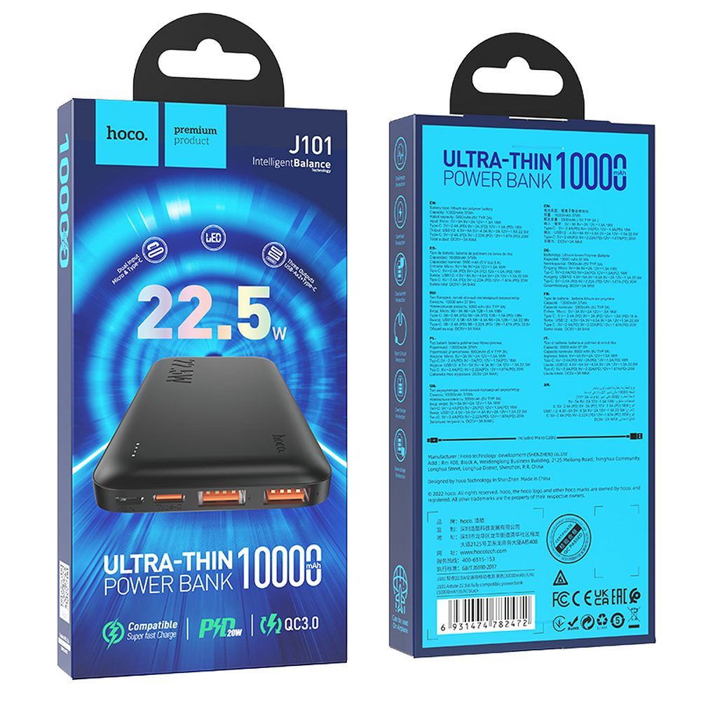 Batteria Esterna HOCO J101, 10000mAh, 22.5W, QC + PD, 1 x USB-C - 2 x USB-A, Nera